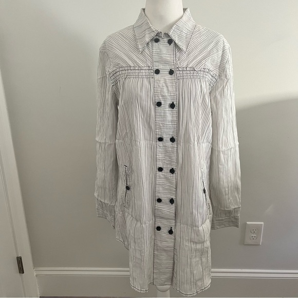 Womens button down collared shirt dress white black stripes pleated size large - Picture 1 of 11